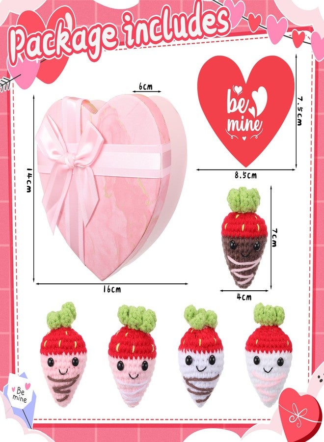 Civaner Valentine's Day Gift Set Crochet Heart Box Women Her Girlfriend Knitted Anniversaries Pink Love 5 Pcs Hand Knitted Crochet Yarn Figurine Be Mine Card Him Birthday Decor(Strawberry) - Image 2